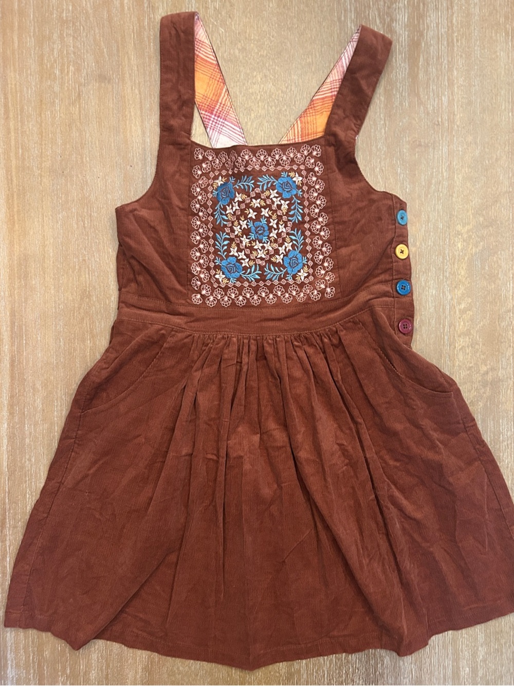 Matilda Jane Brown Corduroy Pinafore Dress with Blue Floral Embroidery